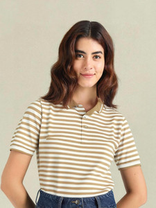 MACK JONNEY Striped Women Polo Neck Beige T-Shirt