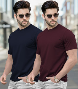 TRIPR Solid Men Round Neck Navy Blue, Maroon T-Shirt