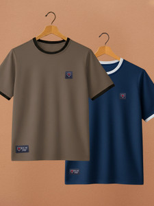 Yazole Printed Men Round Neck Brown, Navy Blue T-Shirt