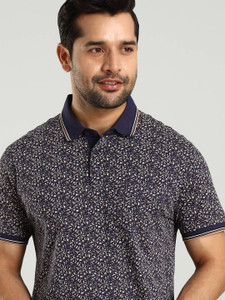 INDIAN TERRAIN Printed Men Polo Neck Blue T-Shirt