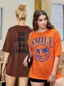 Christy World Printed Women Round Neck Brown, Orange T-Shirt