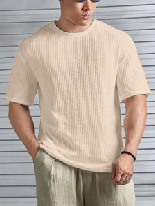KAJARU Self Design Men Round Neck Beige T-Shirt