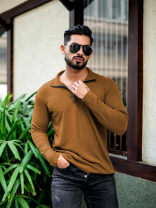 INDICLUB Solid Men Polo Neck Brown T-Shirt