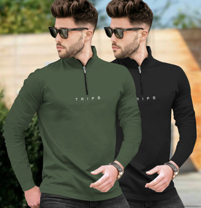 TRIPR Solid Men Henley Neck Dark Green, Black T-Shirt