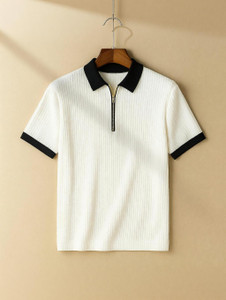 Conway Self Design Men Zip Neck White T-Shirt