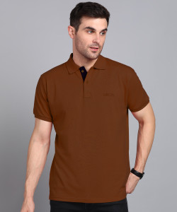 3BROS Solid Men Polo Neck Brown T-Shirt