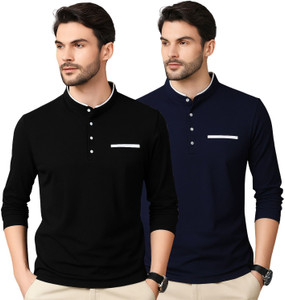 PEAK MOUNT Solid Men Mandarin Collar Black, Navy Blue T-Shirt