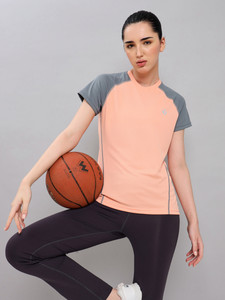 TECHNOSPORT Colorblock Women Round Neck Orange T-Shirt