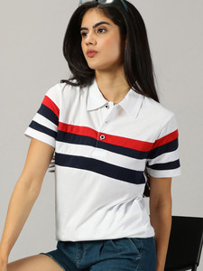 AUSK Striped Women Polo Neck White, Blue T-Shirt
