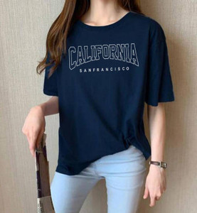 Patche Typography Women Round Neck Blue T-Shirt