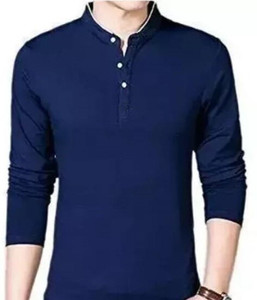 ApheFashion Solid Men Mandarin Collar Blue T-Shirt