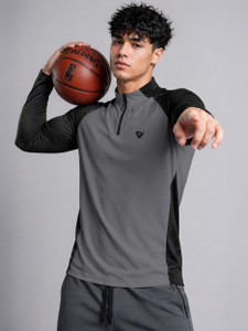EyeBogler Solid Men Zip Neck Black, Grey T-Shirt