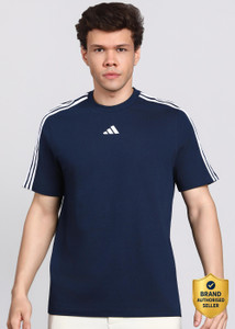 ADIDAS Striped Men Round Neck Blue T-Shirt
