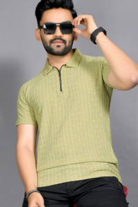 sti Self Design Men Polo Neck Green T-Shirt
