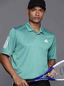 ADIDAS Striped Men Polo Neck Blue T-Shirt