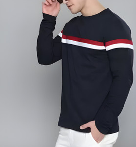 Jaqque Solid Men Mandarin Collar Navy Blue T-Shirt