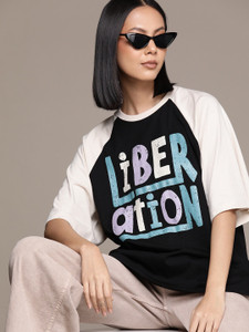 Roadster Typography, Colorblock Women Round Neck Black, White T-Shirt