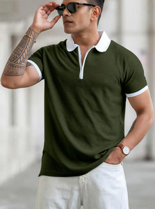 COMBRAIDED Self Design Men Polo Neck Green T-Shirt
