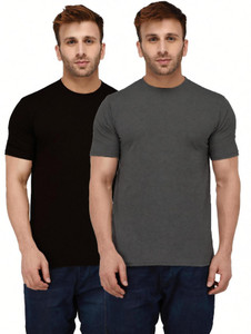London Hills Solid Men Round Neck Black, Grey T-Shirt