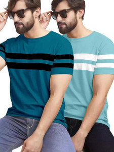 R RIDACHY Striped Men Round Neck Blue, Green T-Shirt
