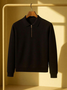 DISINVENT Solid Men Zip Neck Black T-Shirt