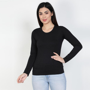 Wrodss Solid Women Round Neck Black T-Shirt