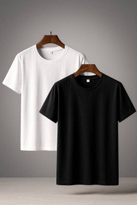 Zayro Solid Men Round Neck Black, White T-Shirt