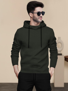 BLIVE Solid Men Hooded Neck Dark Green T-Shirt