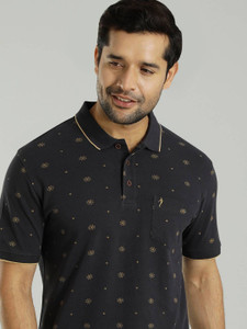 INDIAN TERRAIN Printed Men Polo Neck Black T-Shirt