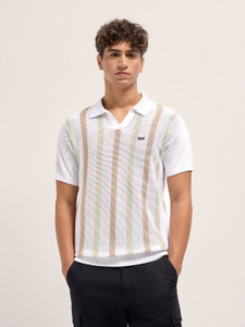 THE BEAR HOUSE Striped Men Polo Neck White T-Shirt