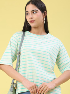 V-MART Striped Women Round Neck Light Green T-Shirt