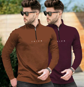 TRIPR Solid Men Henley Neck Brown, Maroon T-Shirt