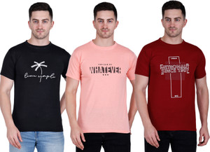 BLACK COOL Graphic Print Men Round Neck Maroon, Black, Pink T-Shirt