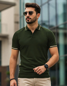 Veirdo Solid Men Polo Neck Dark Green T-Shirt