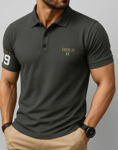 TAZO Solid Men Polo Neck Grey T-Shirt