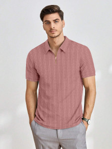 COMBRAIDED Self Design Men Zip Neck Pink T-Shirt
