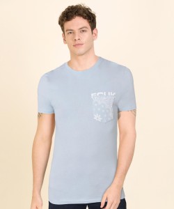 French Connection Typography Men Round Neck Light Blue T-Shirt
