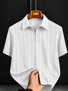 COMBRAIDED Self Design Men Polo Neck White T-Shirt