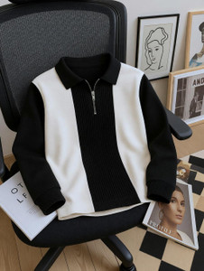 Try This Striped, Printed Men Zip Neck Black, White T-Shirt