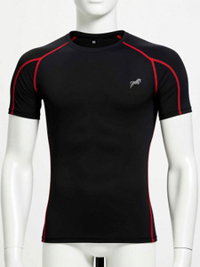 Just Rider Solid, Sporty Men Round Neck Black, Red T-Shirt
