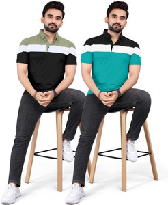 rggarment Colorblock Men Polo Neck Black, Green T-Shirt