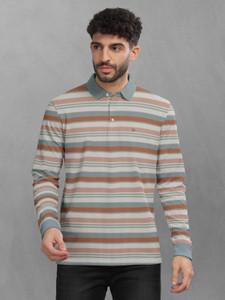 Bullmer Striped Men Polo Neck Brown T-Shirt
