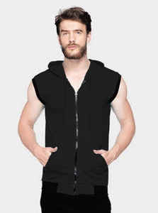 Adorbs Solid Men Hooded Neck Black T-Shirt
