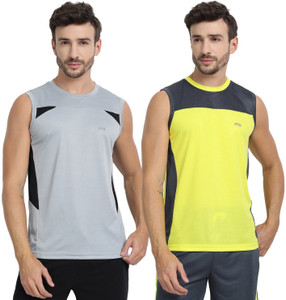 FTX Solid Men Round Neck Grey, Yellow T-Shirt