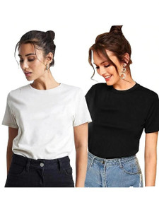LIVAX COTTY Solid Women Round Neck White, Black T-Shirt