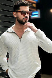 HOODLER Solid Men Zip Neck White T-Shirt