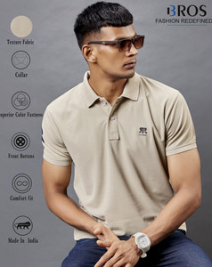 3BROS Solid Men Polo Neck Beige T-Shirt