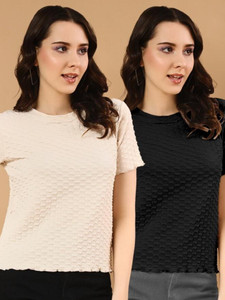 WINGS & HORNS Self Design Women Round Neck Black, Beige T-Shirt