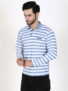 FABSHORE Striped Men Round Neck White, Blue T-Shirt