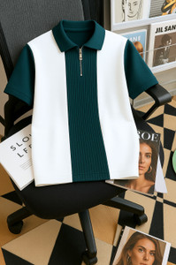 Try This Self Design Men Zip Neck White, Dark Green T-Shirt